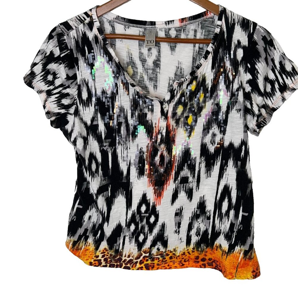 Thomas & Olivia Women's L Blouse Short Sleeve Sequined Ikat Animal Print Henley